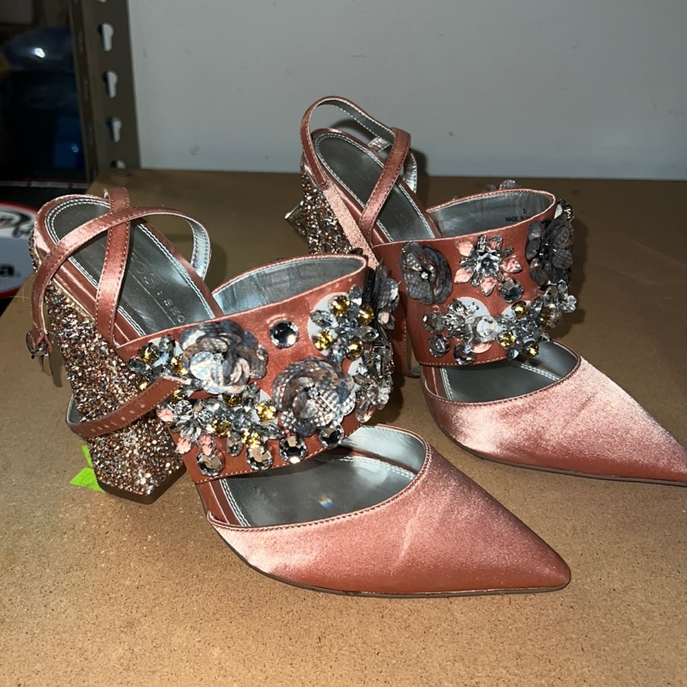 ASOS Rose Gold Embellished Block Heel Pumps - Picture 4 of 7